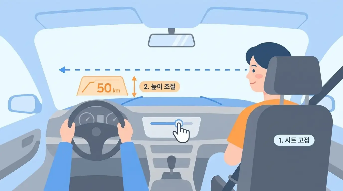 헤드업 디스플레이 설정 - 헤더업 디스플레이 설정 중 높이와 각도 조절은 시선 중심 아래쪽을 기준으로