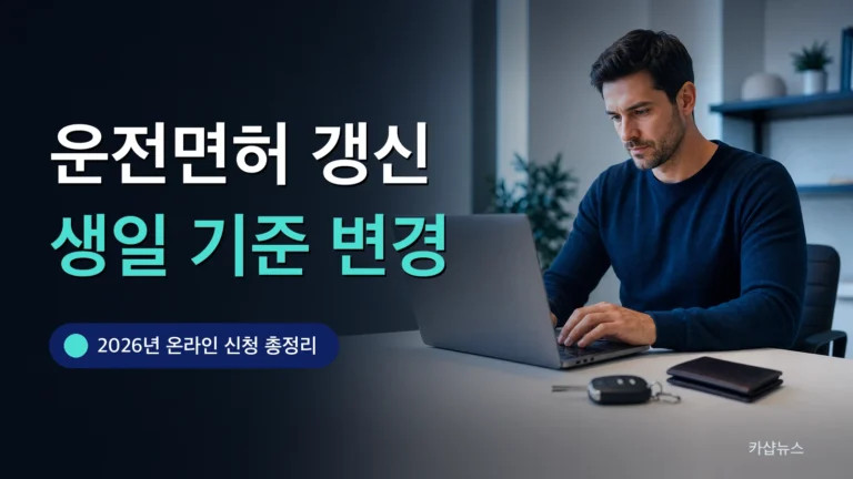 노트북으로 온라인 민원 서식을 작성하는 책상 위에 자동차 키가 놓인 사진과 운전면허 갱신 문구가 얹힌 카샵뉴스 썸네일
