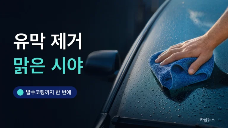 물방울이 맺힌 앞유리를 천으로 닦는 사진 위에 자동차 유리 유막제거 문구가 얹힌 카샵뉴스 썸네일