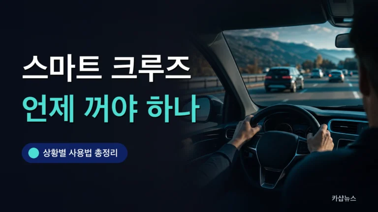 앞유리 너머 고속도로와 계기판이 보이는 운전석 시점 사진 위에 스마트 크루즈 컨트롤 사용법 문구가 얹힌 카샵뉴스 썸네일