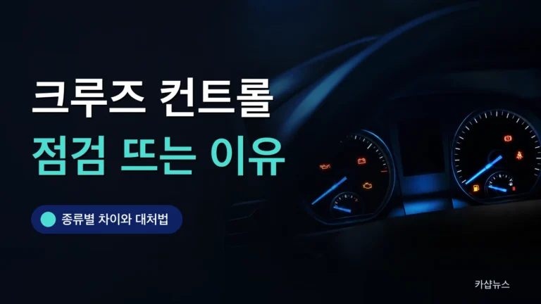 야간 주행 중 계기판에 경고 표시등이 켜진 사진 위에 크루즈 컨트롤 점검 문구가 얹힌 카샵뉴스 썸네일