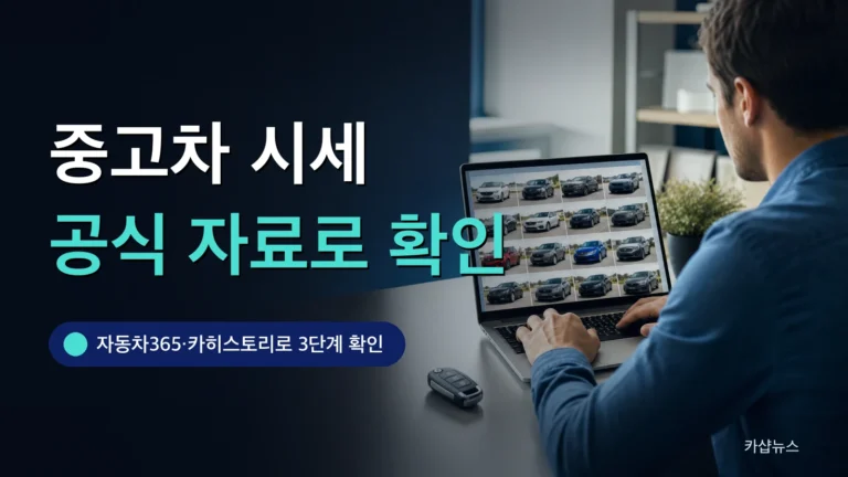 노트북으로 중고차 매물 목록을 살펴보는 사람과 책상 위 자동차 키 사진 위에 중고차 시세 확인 문구가 얹힌 카샵뉴스 썸네일