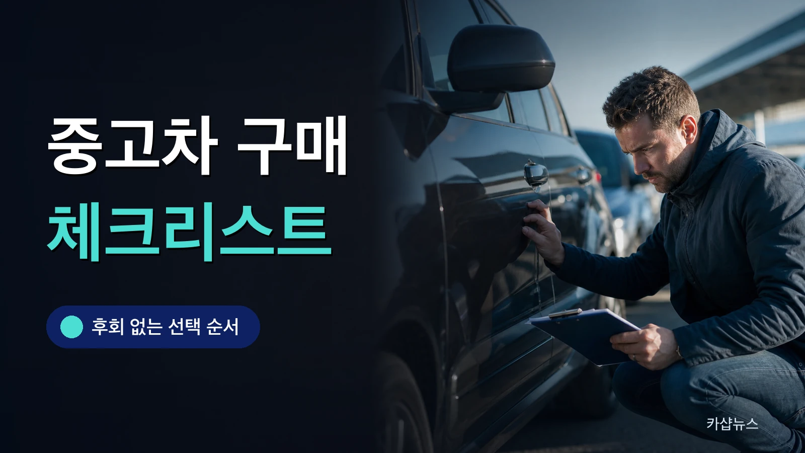 전시장에서 체크리스트를 들고 중고차 외관을 점검하는 사진 위에 중고차 구매 체크리스트 문구가 얹힌 카샵뉴스 썼네일