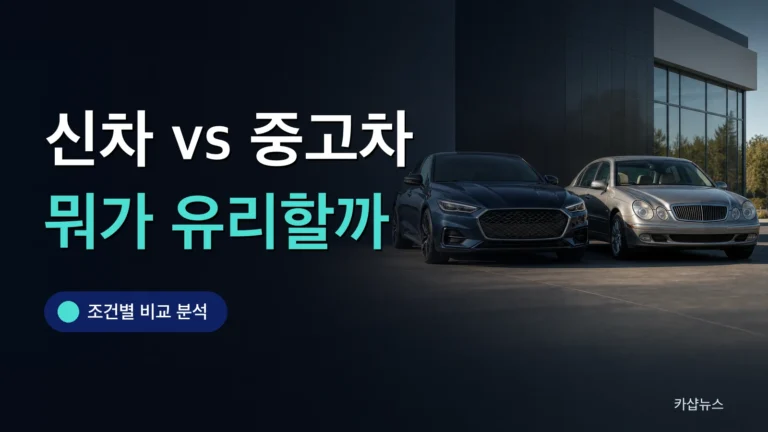 전시장에 나란히 선 새 차와 연식 있는 차를 찍은 사진 위에 신차 중고차 비교 문구가 얹힌 카샵뉴스 썸네일