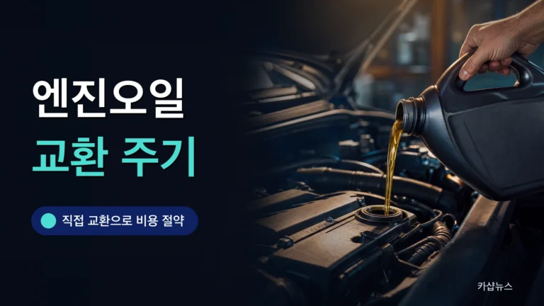 보닛을 열고 엔진에 새 엔진오일을 넣는 사진 위에 엔진오일 교환 주기 문구가 얹힌 카샵뉴스 썸네일