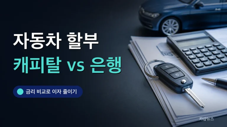 책상 위 계산기와 자동차 키, 대출 서류를 찍은 사진 위에 자동차 할부 금리 비교 문구가 얹힌 카샵뉴스 썸네일