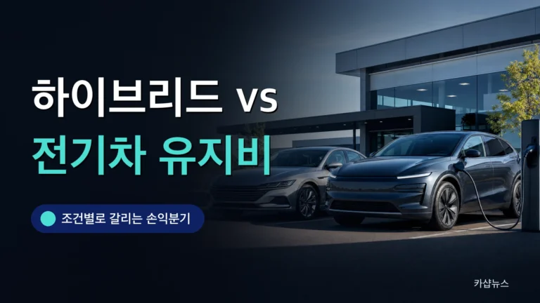 전시장에 나란히 선 하이브리드 세단과 충전 케이블이 연결된 전기 SUV 사진 위에 하이브리드 전기차 유지비 비교 문구가 얹힌 카샵뉴스 썸네일